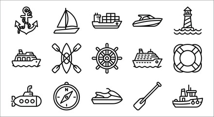 Nautical icons set black line drawings on a white background depicting various seafaring objects anchor © Vactor media 