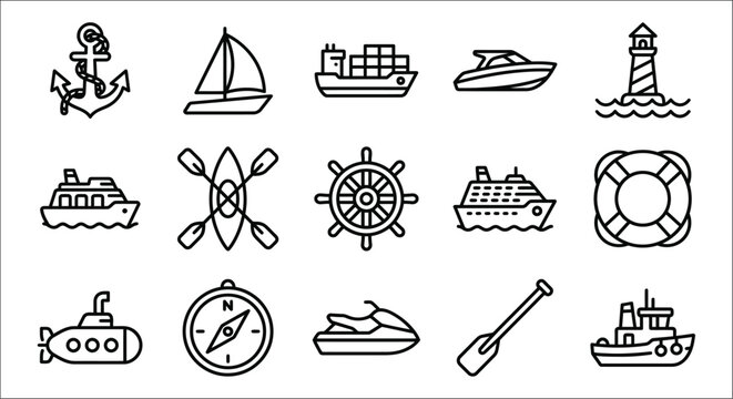 Nautical icons set black line drawings on a white background depicting various seafaring objects anchor