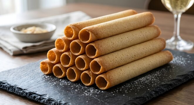Neatly stacked hollow rolled tuile cigar cookies on dark slate