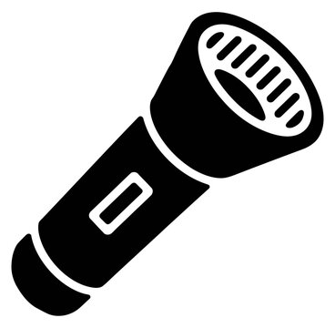 Handheld flashlight icon for camping and emergency lighting as a bold black vector graphic