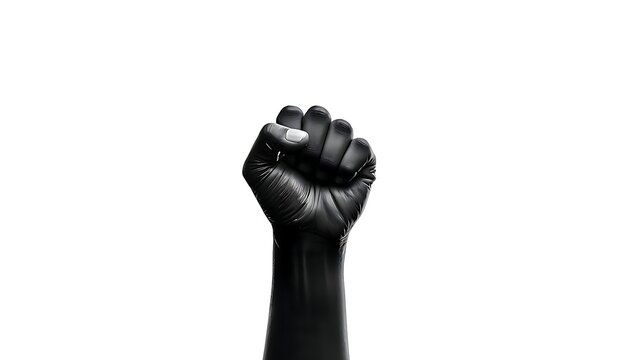 A raised black fist tightly closed with fingers curled inward and thumb resting over them, isolated against plain white background, symbolic representation of solidarity