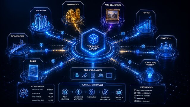 Tokenized assets ecosystem and blockchain technology infographic