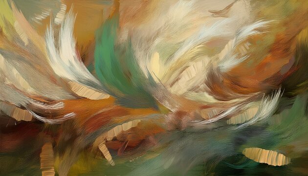 Textured Abstract Artwork Filled With Clustered Feathery Brushstrokes In Warm Brown Green And Cream Tones Overlapping Organic Shapes With Furry Visual Effect