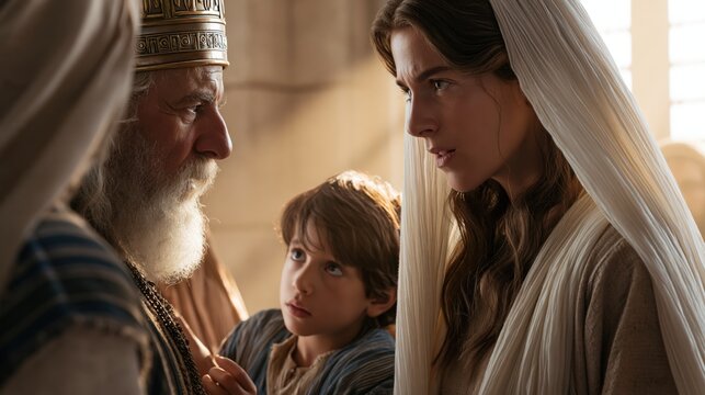 Hannah presenting young Samuel before priest Eli at the tabernacle in a sacred act of dedication.