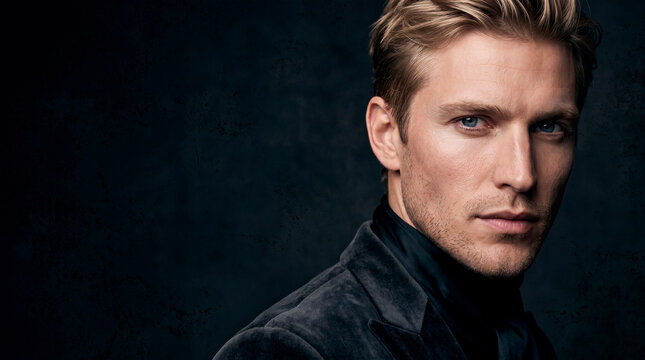 High-quality AI-generated studio portrait of a confident, handsome young man with blue eyes, blond hair, and subtle stubble wearing a black turtleneck and dark jacket. Dramatic cinematic lighting, ele