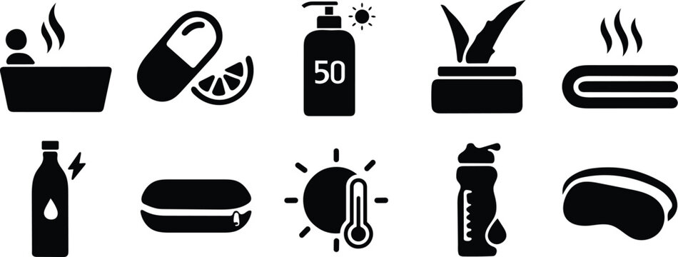 Summer wellness silhouette icon set vector illustration. cold plunge, aloe gel, electrolyte, sunblock, vitamin c, uv index, sleep mask etc
