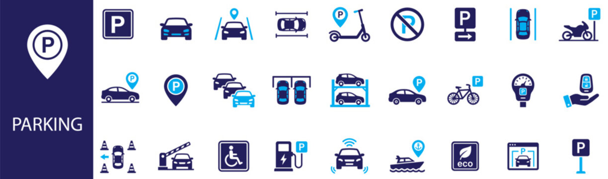 Car parking and vehicle navigation solid icon set. Includes symbols for Parking Meter, Barrier Gate, and Electric Charging Space. Solid vector icons for urban traffic management