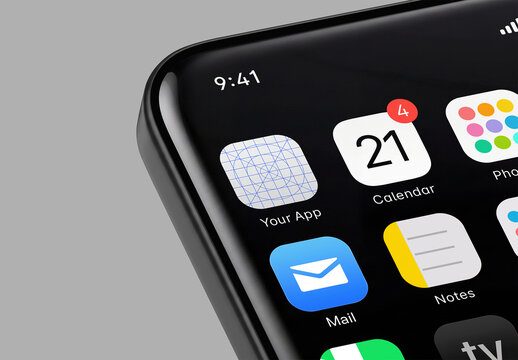 Smartphone app icon mockup on a home screen in perspective close-up view