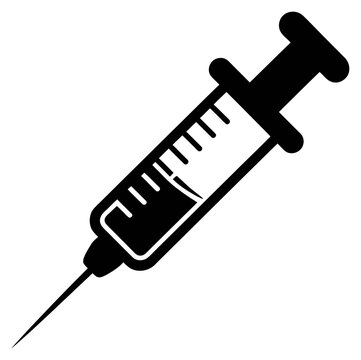 Medical syringe injection tool, a flat black vector icon for healthcare design projects