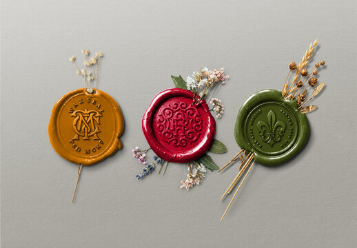 Wax Seal Mockup - Vintage Botanical Wedding (3 Isolated Stamps)