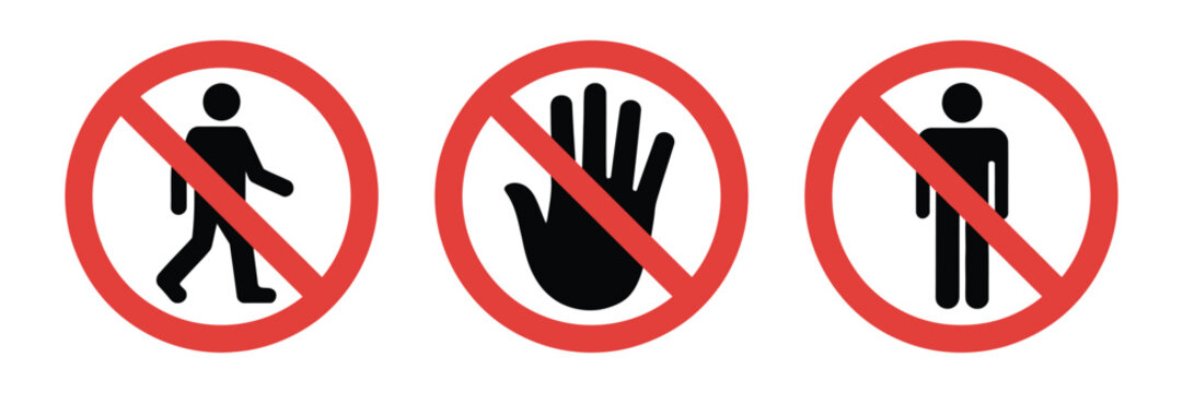 Forbidden action warning icon, no entry signs, prohibition symbols and restricted access for safety communication design.