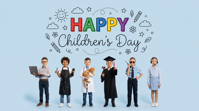 Diverse group of children dressed in various professional costumes including doctor, police officer, judge, veterinarian, and office worker celebrating World Children's Day