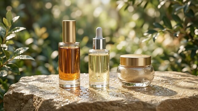 Luxurious skincare products on natural stone outdoors