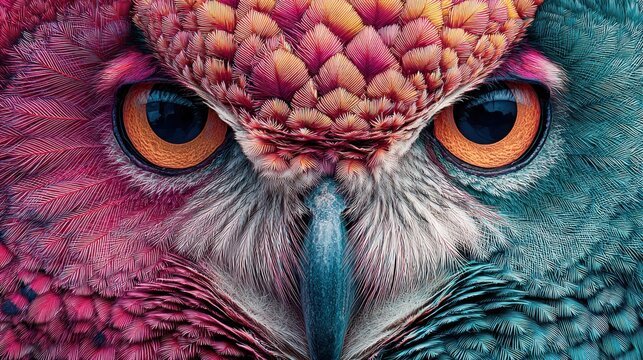 Colorful owl portrait showcasing intricate feather detail