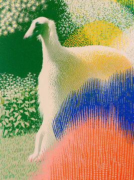 Elegant Borzoi dog standing in colorful wildflower garden with modern halftone illustration style
