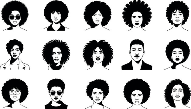 Black people avatar line art collection with various natural curly afro hairstyles sunglasses and  glasses