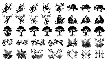 Fototapeta premium Jungle Monkey Silhouette Collection with Tree Branches and Bow Arrow Black Vector Illustration