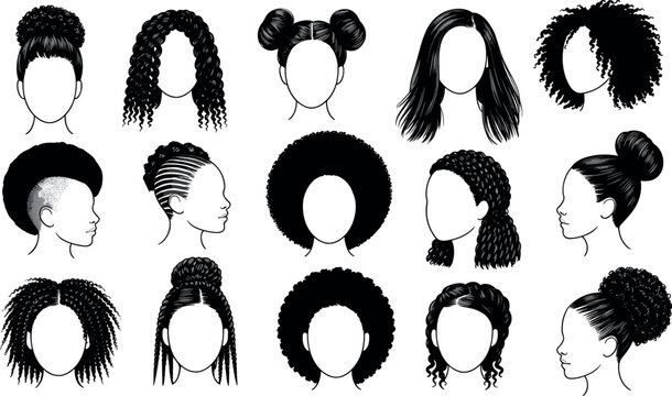 Black woman hairstyles vector set with afro curly braids locs buns and mohawk line art icons
