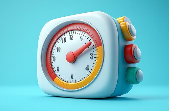 Colorful kitchen timer with buttons, angled on blue background, clock