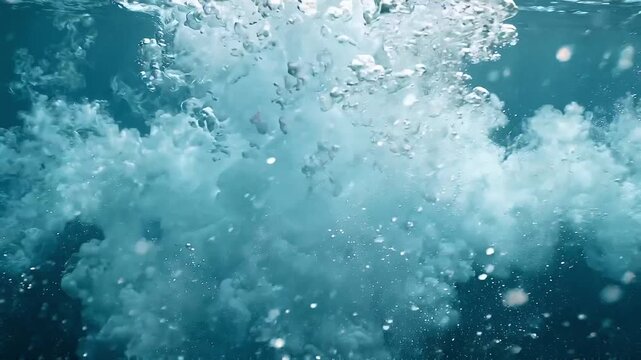 Underwater bubbles rise through blue ocean water, forming dense foamy plumes as sun rays filter from surface above, creating dynamic abstract aquatic background with layered motion and texture