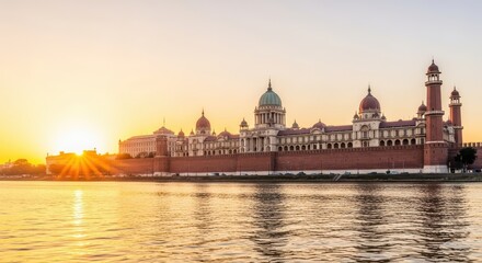 Fototapeta premium A majestic historic palace with grand domes and spires stands along a wide riverbank under a golden sunset reflecting on calm water surface, building, scenic, tourism