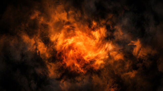 Abstract fiery orange clouds and dark smoke swirling in a dramatic explosive cosmic background