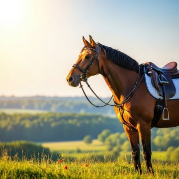 A majestic brown horse stands in a sunlit meadow wearing a leather saddle and bridle, ready for a ride through the scenic countryside hills, equestrian, summer, freedom