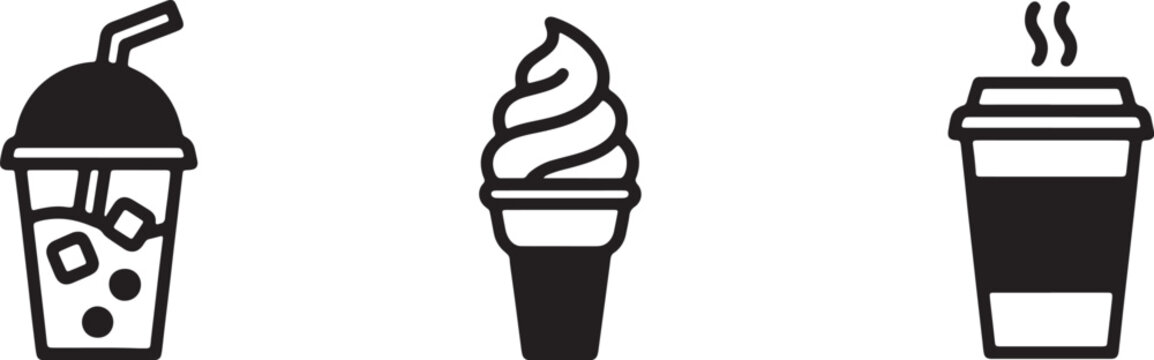 Set of fast food icons including iced drink, soft serve ice cream, and coffee