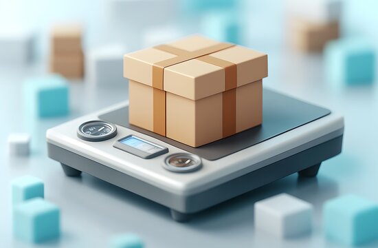 Digital of a parcel on a digital scale, surrounded by cubes digital parcel package cardboard box