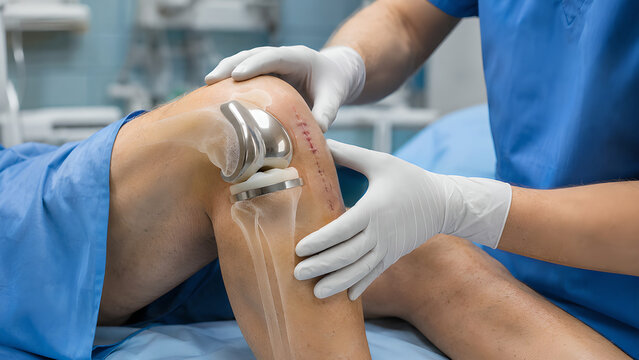 Total knee replacement postoperative arthroplasty with clinician examining implanted knee joint in a photorealistic medical procedure scene for orthopedic education and patient care communication