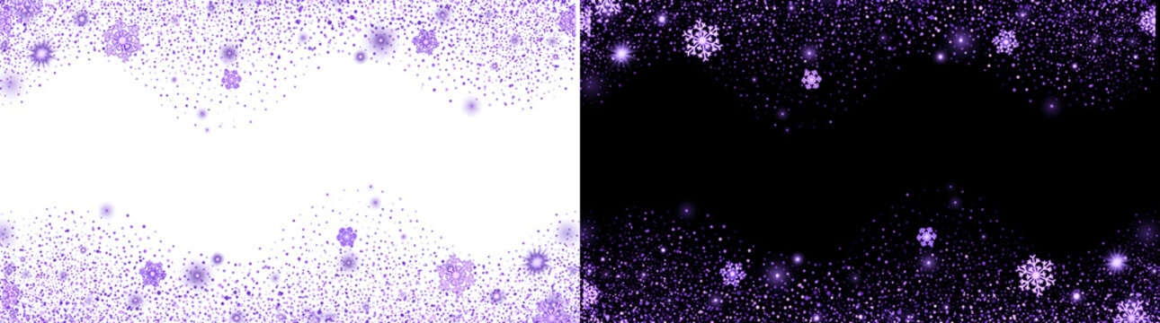 Purple winter snowflake glitter border with sparkling festive particles for seasonal designs with PNG, Transparent and Black Background Versions