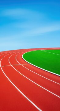 A smooth red athletic track curves around a vibrant green field under clear blue skies. White painted lines define lanes for competition, goal, daylight, marathon