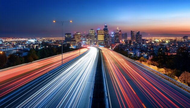 vibrant light trails capture the fast motion of evening traffic as cars speed along a dark urban highway through the glowing night city cityscape