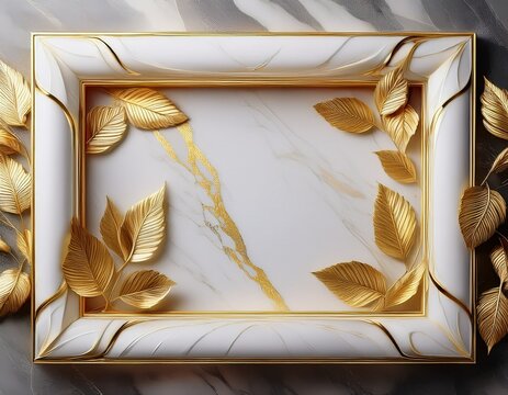 elegant white frame with golden leaves on marble background