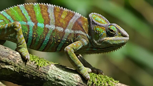 Chameleon with vibrant stripes on a mossy branch