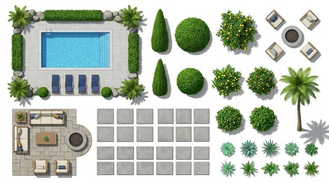 Outdoor garden layout top view swimming pool fire pit lounge furniture palm trees succulents citrus shrubs photo