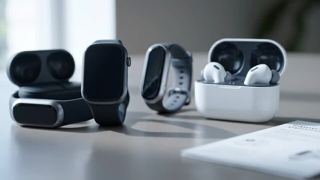 Smartwatch and earbuds arranged on tabletop with charging cases, sleek wearable devices beside blurred card, soft daylight, visible screen, buttons, glossy surfaces for modern technology concept