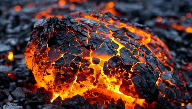 Molten lava flowing on volcanic rock. Glowing magma texture with cooling crust and heat.