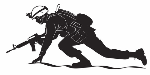 Black silhouette of soldier crawling in military uniform camouflage © Abu