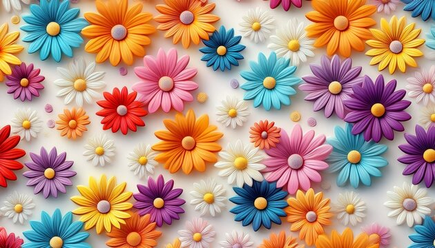 vibrant seamless pattern of colorful 3d daisy flowers on a white background for spring floral graphic design