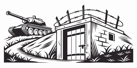 Black silhouette of military bunker entrance with camouflaged tank armored vehicle © Abu