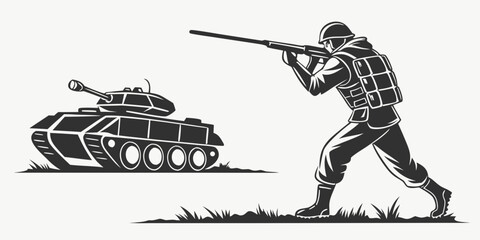 Obraz premium Black silhouette of soldier in combat gear with rifle and grenade