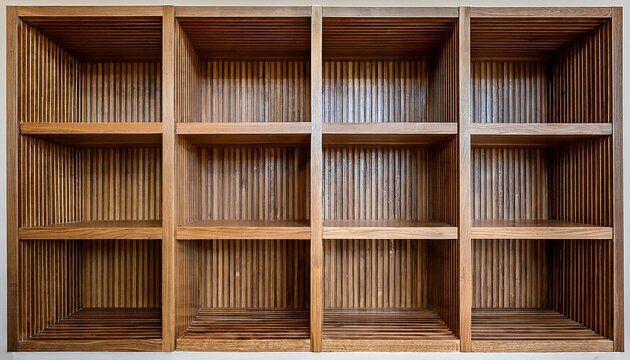 an empty wooden bookshelf furniture design with multiple shelves provides a blank storage rack and open wall interior for a home or office room display