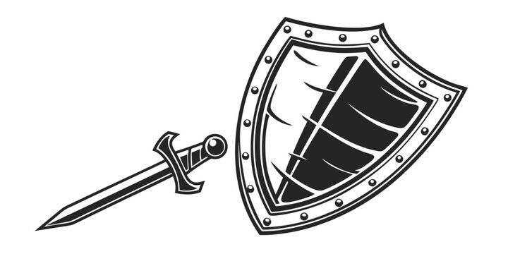 Black silhouette of army combat shield with bayonet military equipment shield combat gear