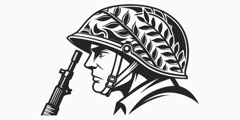 Black silhouette of military helmet with camouflage pattern and rifle soldier © Abu