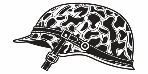 Black silhouette of military helmet with intricate camouflage pattern digital army gear © Abu