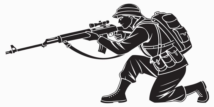 Black silhouette of soldier with combat backpack and rifle infantry