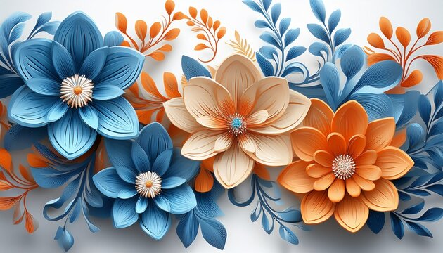 decorative floral pattern with 3d blue and orange flowers on white backdrop perfect for wallpaper and fabric design