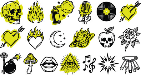 Traditional Tattoo Flash Sticker Set with Skull Flame Spray Can Microphone Vinyl Record Heart and Pyramid Eye Illustration © MdRezaul