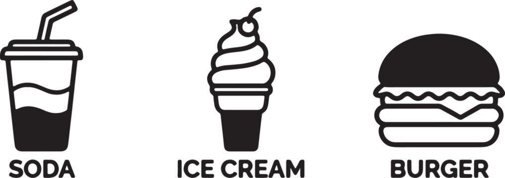 Fast food icons set featuring cold drink ice cream cone beef burger, junk food